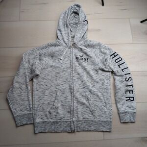 Hollister Full Zip Hoodie Mens Large Grey Space Dye Logo Sleeve Sweatshirt